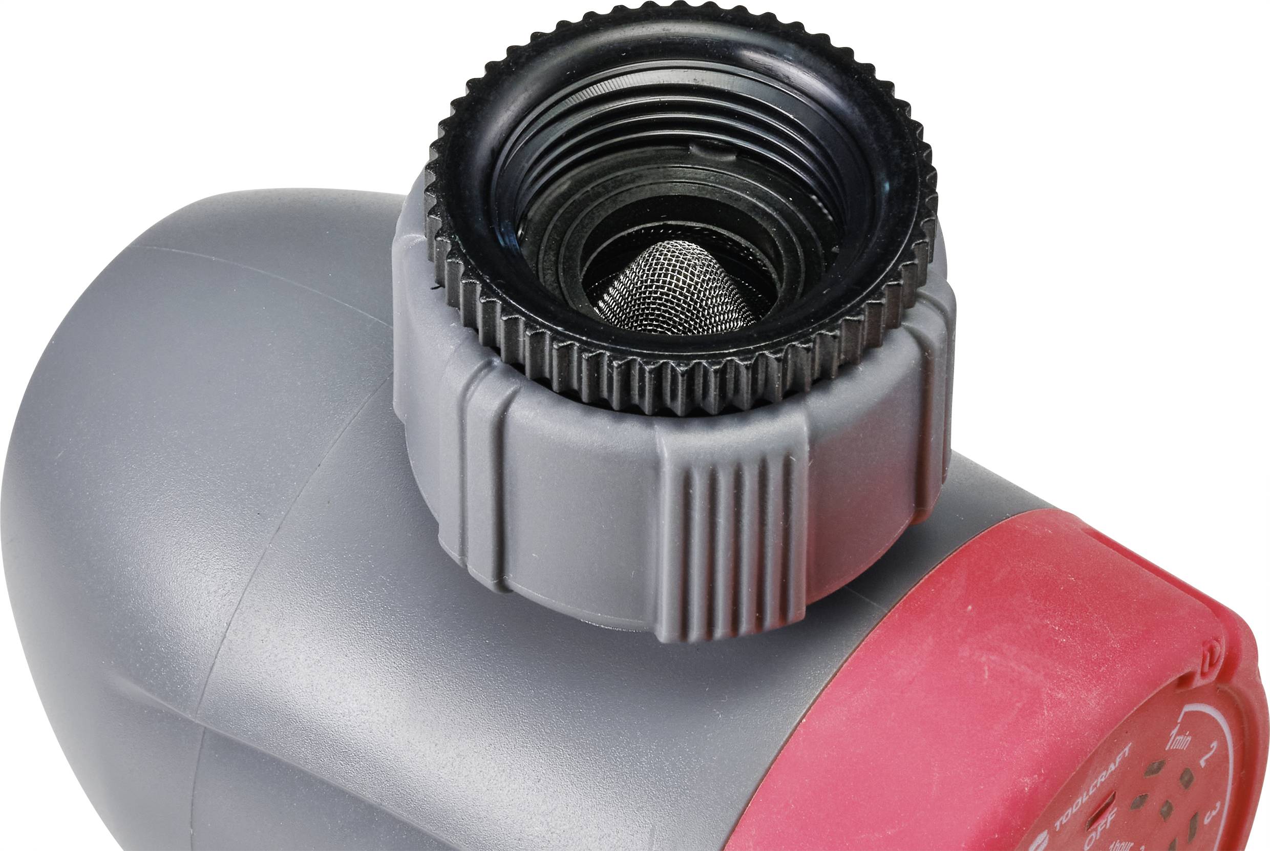 Grauer und roter Wasserfilter mit schwarzer Anschlussdichtung und integriertem Metallsieb, geeignet für den Einsatz in Bewässerungssystemen.