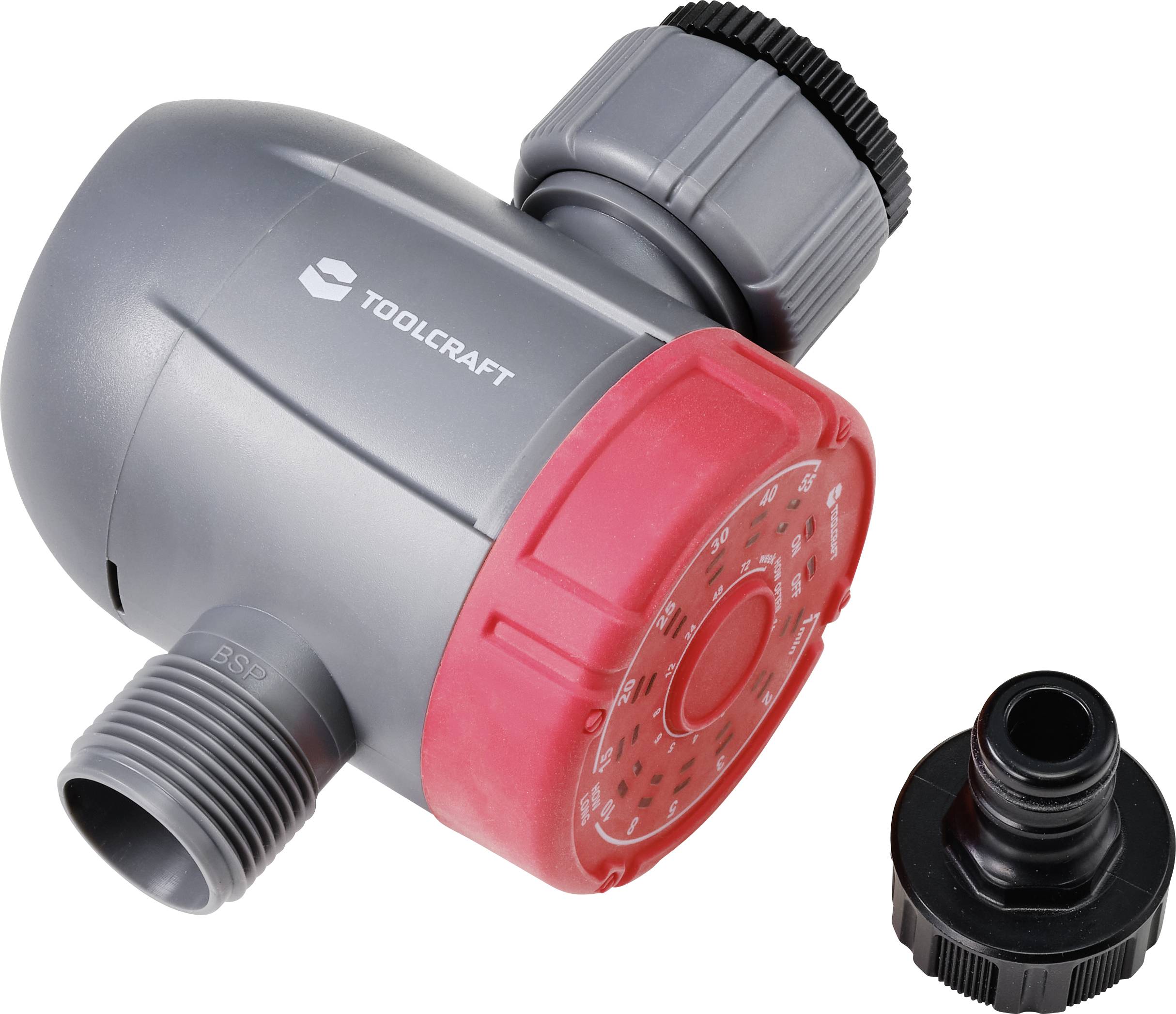 Grauer und roter Bewässerungstimer von TOOLCRAFT, mit abnehmbarem Adapter. Ideal für die automatische Gartenbewässerung.
