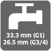 Symbolbild eines Wasserhahns mit Text '33,3 mm (G1) 26,5 mm (G3/4)', der verschiedene Gewindegrößen anzeigt.