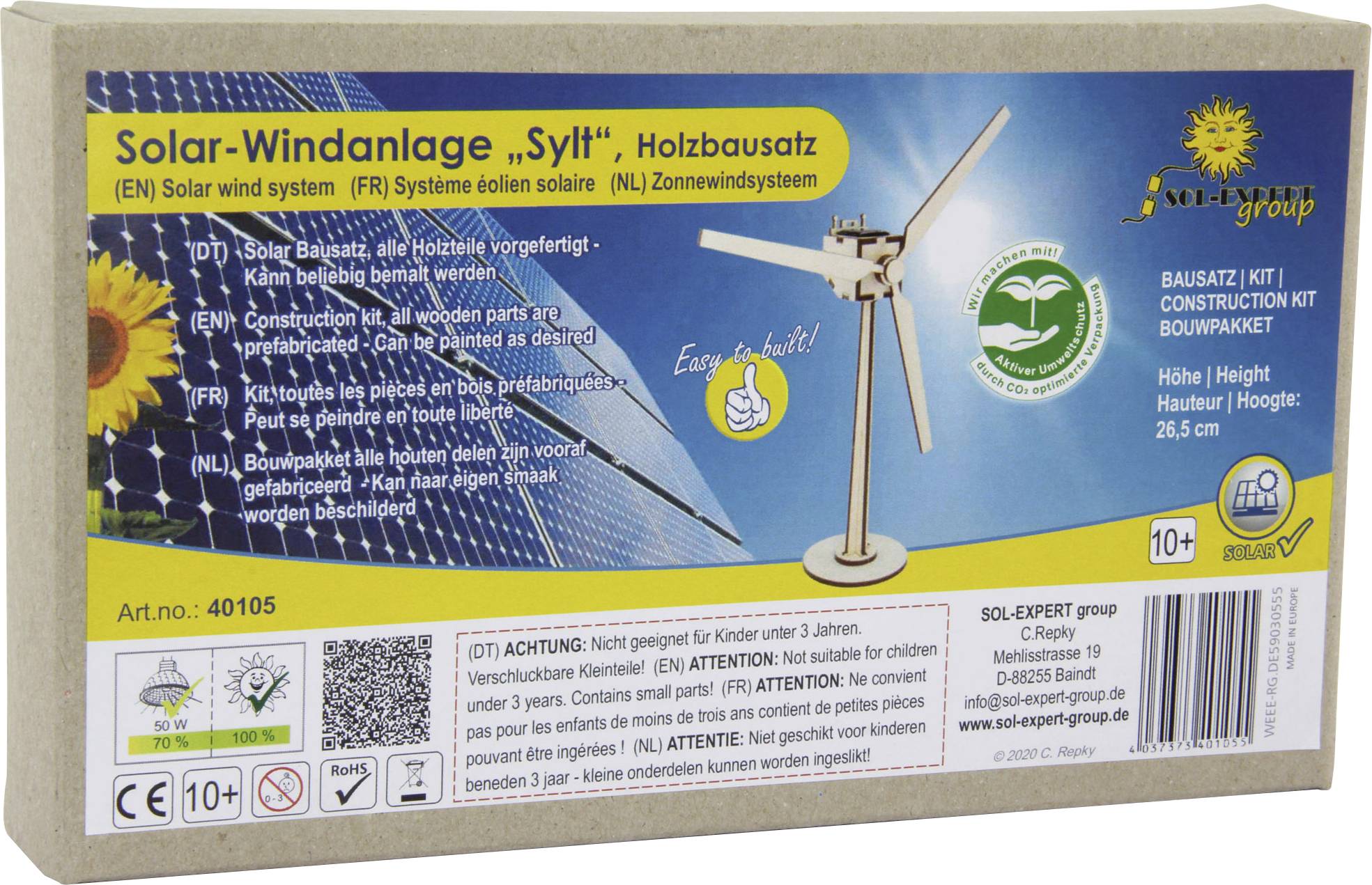 Bausatz-Verpackung für eine Solar-Windanlage mit Windradbild und Anleitungen in mehreren Sprachen. Enthält Warnhinweise und Herstellerinformationen.