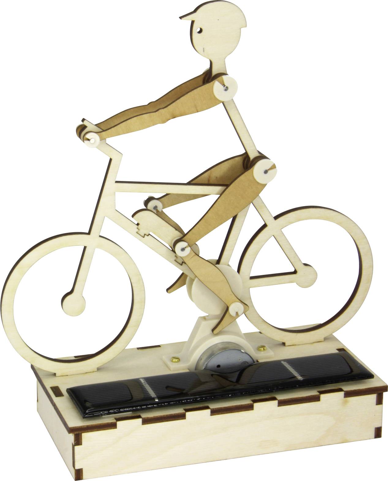 Holzmechanismus zeigt Figur auf Fahrrad, angetrieben durch Solarzellen auf der Basis, die Bewegung simuliert.