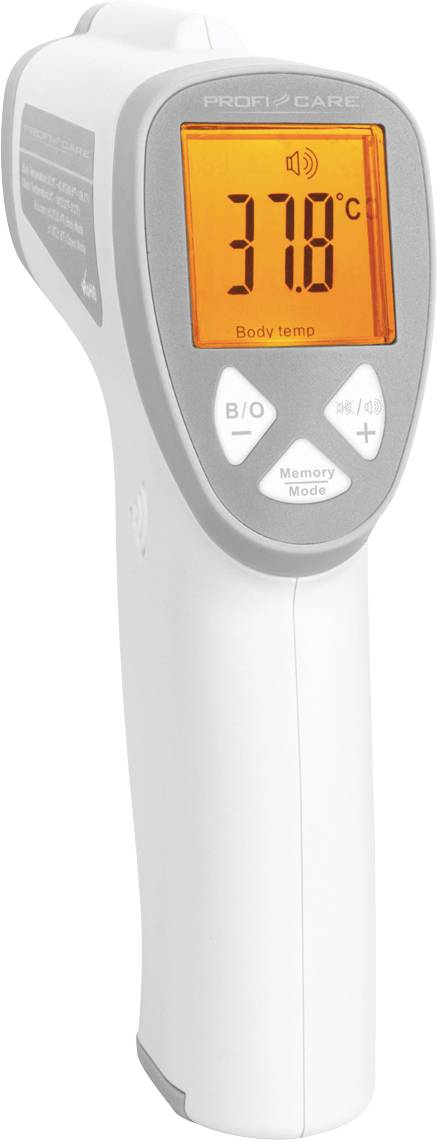 Infrarot-Thermometer mit digitalem Display, zeigt 37,8°C an. Geeignet zur berührungslosen Temperaturmessung des Körpers.