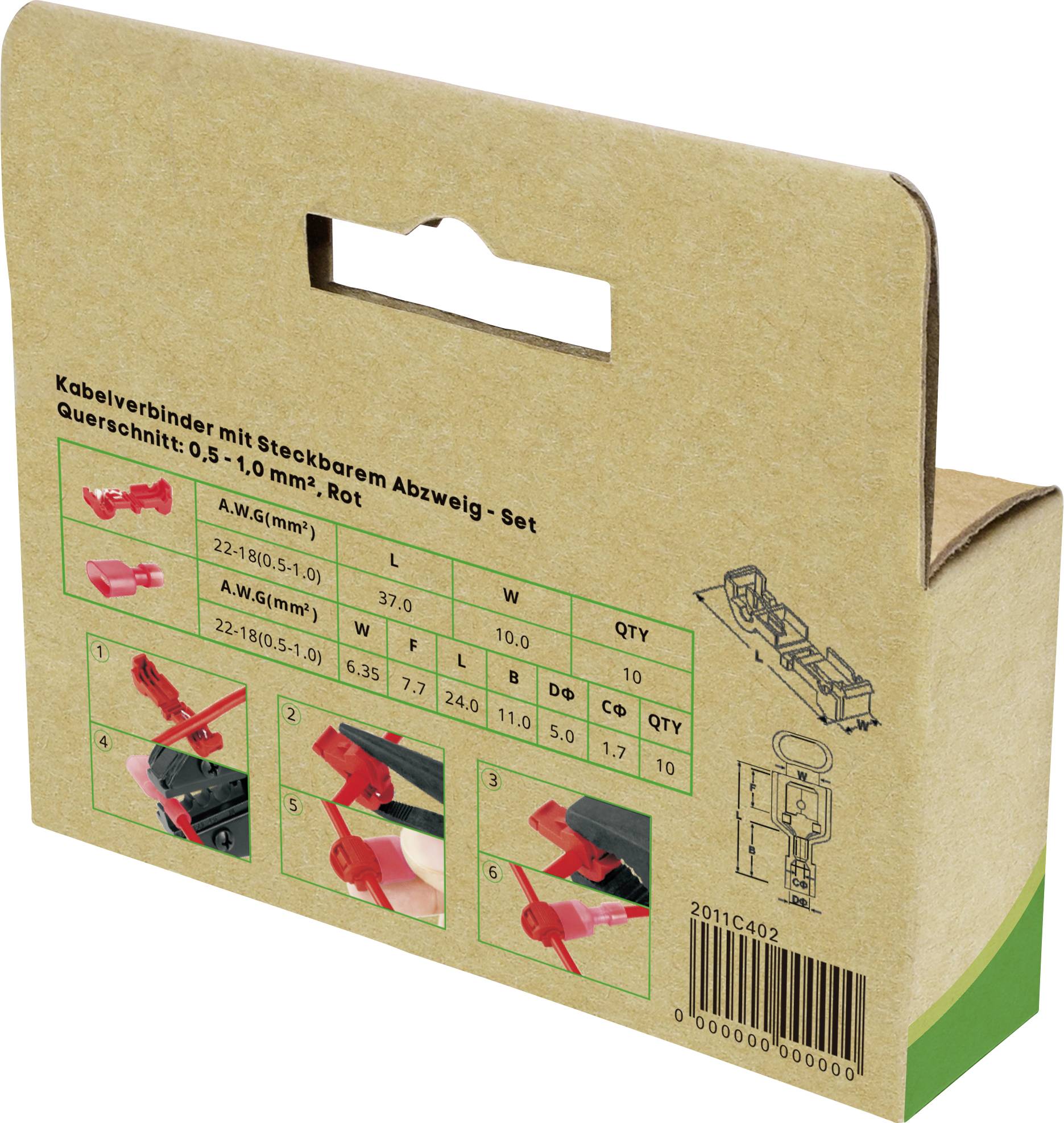 Verpackung eines Kabelverbindersets mit Bildern: zeigt Anwendungsschritte, Zeichnung eines Steckverbinders, technische Details und Artikelnummer.