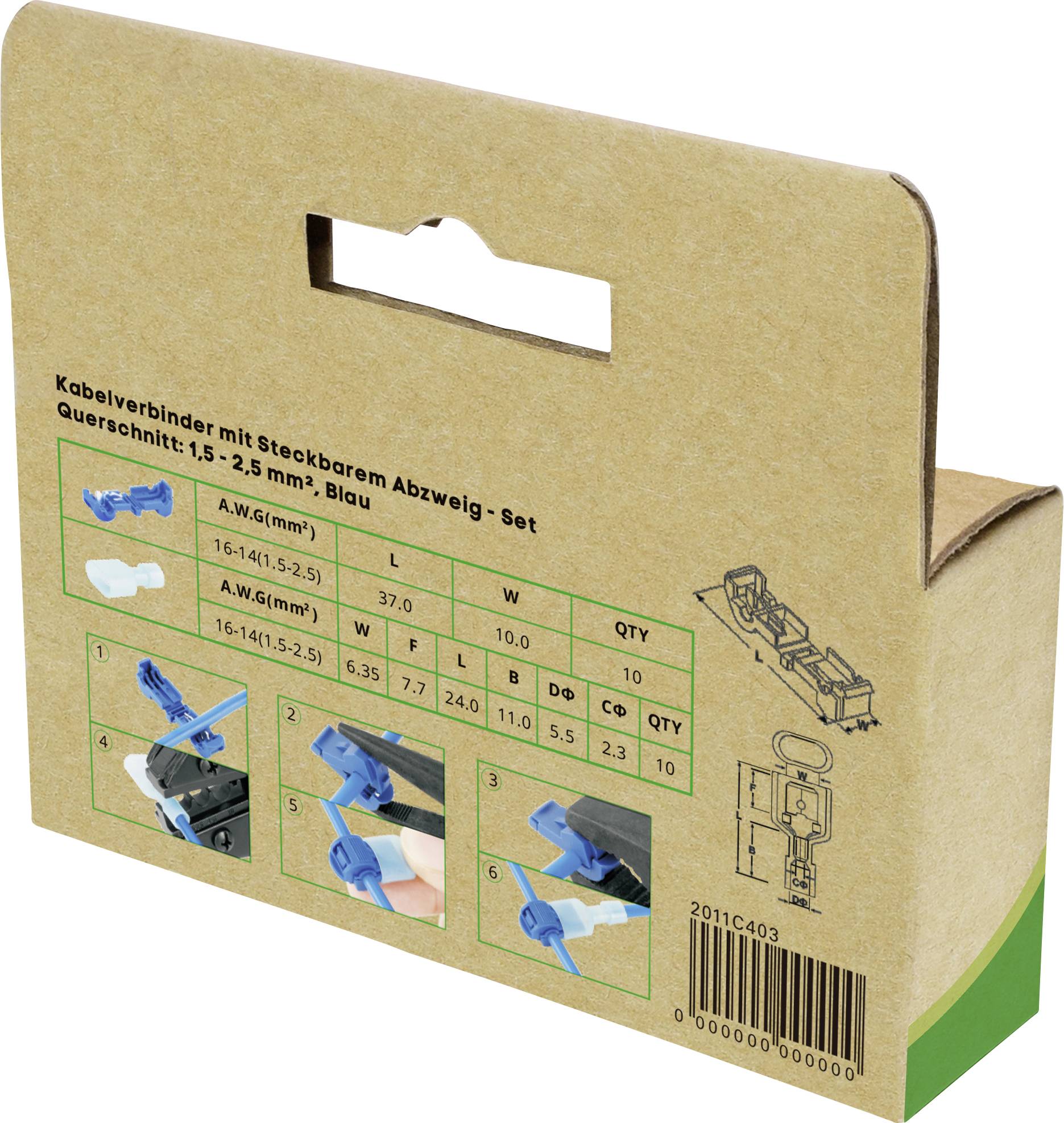 Kartonverpackung für Kabelverbinder-Set mit steckbarem Abzweig, geeignet für Querschnitt 1,5 - 2,5 mm², in Blau, mit Bildanleitungen.