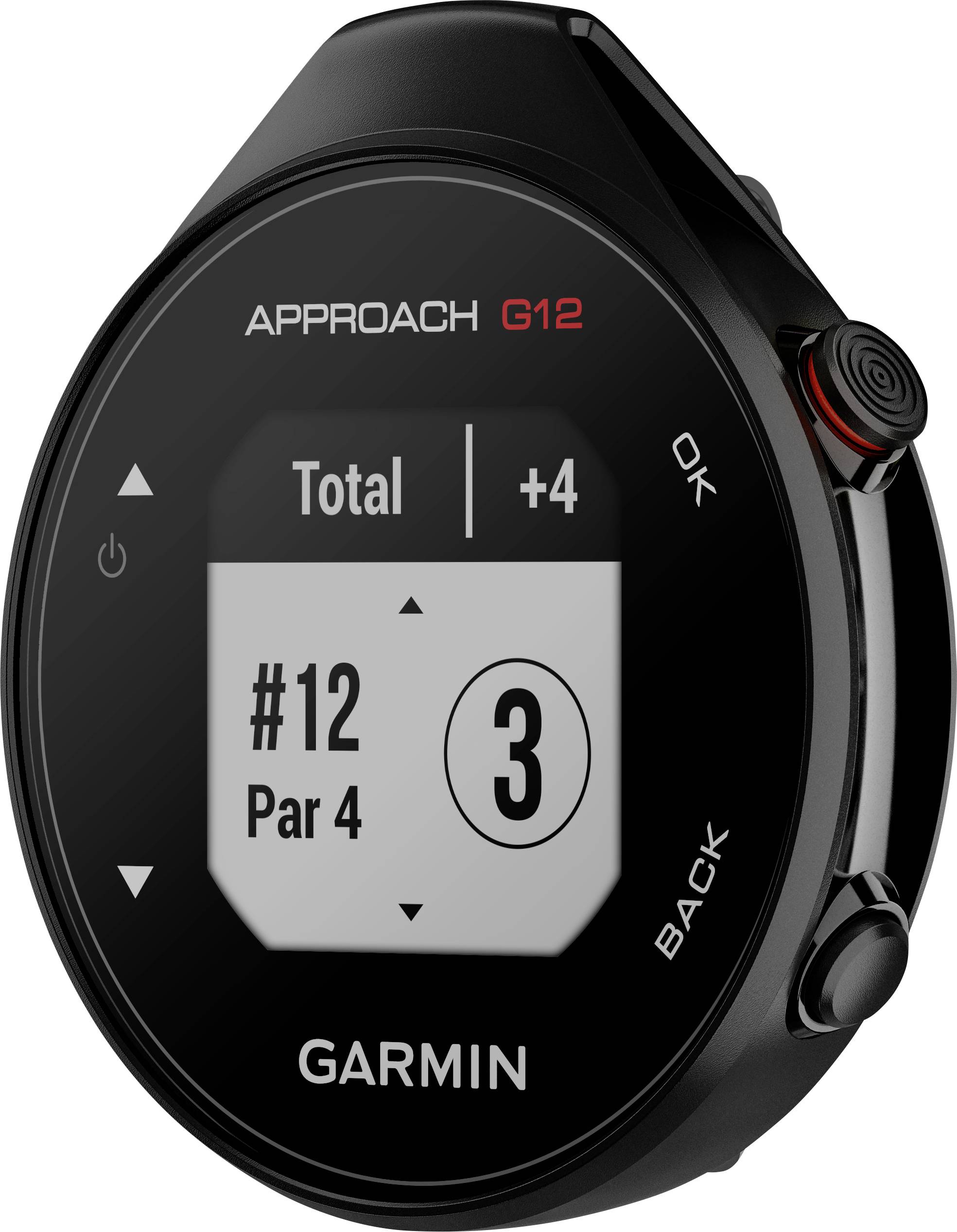 Golf GPS-Gerät mit Anzeige der Lochnummer 12, Par 4, und der aktuellen Punktzahl 3. Markenname 'Garmin' auf dem Bildschirm.