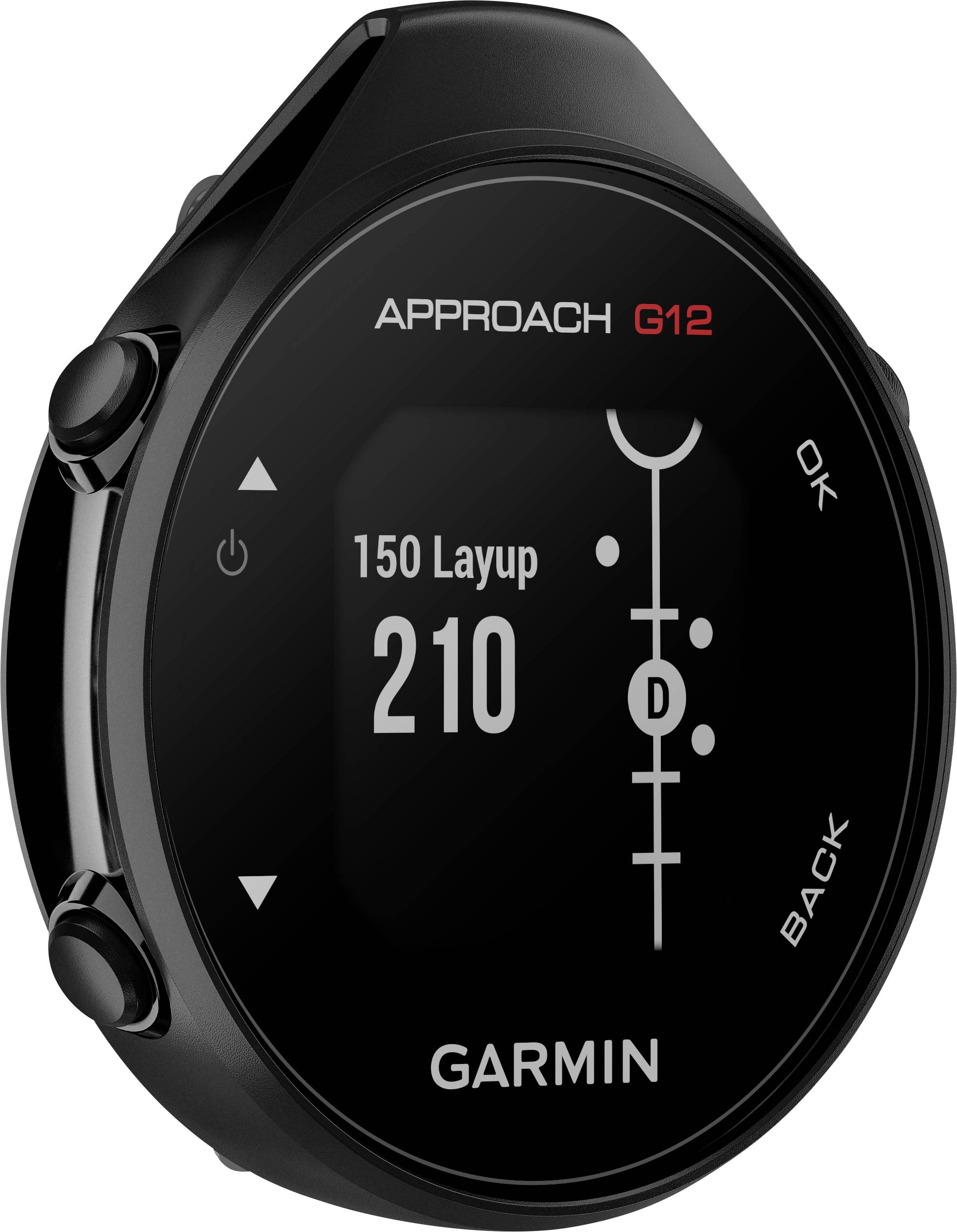 Schwarzes Garmin Approach G12 GPS-Gerät für Golfer, zeigt '150 Layup' und '210' in der Mitte an, mit Tasten 'OK' und 'BACK'.