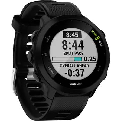 Schwarze Sportuhr mit digitalem Zifferblatt. Zeigt Uhrzeit, Split-Pace, und Laufstatistiken an. Marke 'Garmin'.