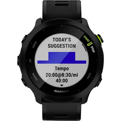 Smartwatch zeigt: 'Today's Suggestion', Tempo-Training um 20:00 Uhr bei 8:30 Minuten pro Meile, 40 Minuten.