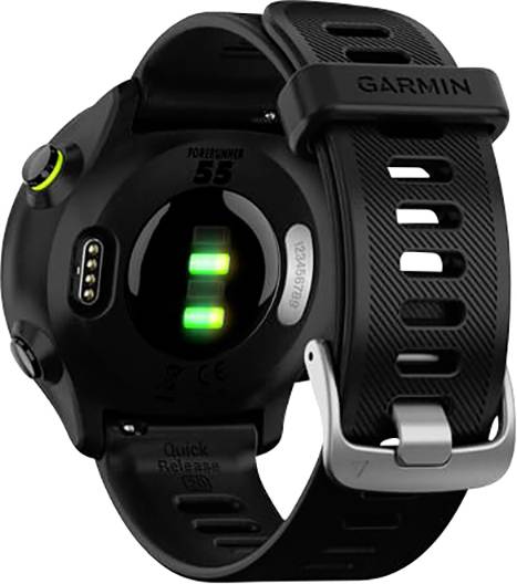 Eine schwarze Smartwatch von hinten, zeigt Herzfrequenzsensoren und ein Armband mit Schnalle. Markenname ist auf dem Armband sichtbar.