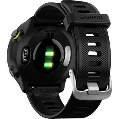 Eine schwarze Smartwatch von hinten, zeigt Herzfrequenzsensoren und ein Armband mit Schnalle. Markenname ist auf dem Armband sichtbar.
