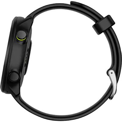 Schwarze Smartwatch von der Seite mit rundem Zifferblatt, zwei Knöpfen und einem flexiblen Armband, vor weißem Hintergrund.