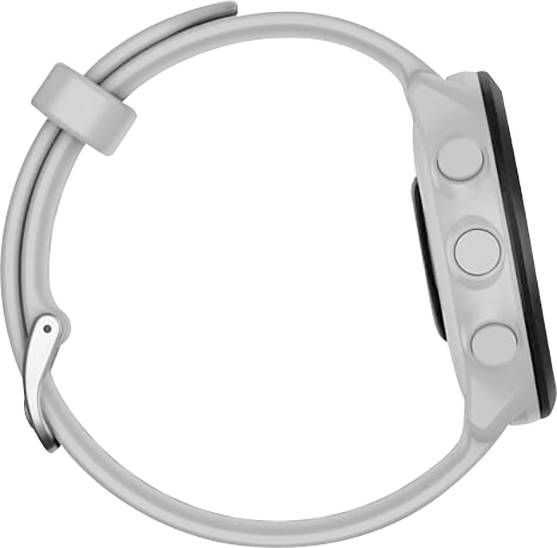 Ein seitliches Bild einer grauen Smartwatch mit rundem Zifferblatt und zwei sichtbaren Knöpfen auf der Seite.