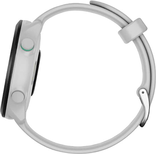 Graue, minimalistische Smartwatch mit rundem Gehäuse, seitlicher Knopf und abnehmbares Armband.