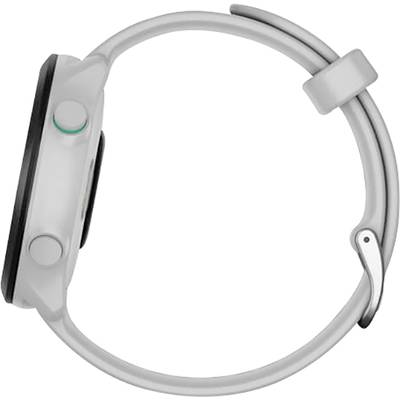 Graue, minimalistische Smartwatch mit rundem Gehäuse, seitlicher Knopf und abnehmbares Armband.