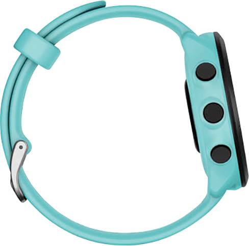 Eine türkisfarbene Smartwatch von der Seite, zeigt drei schwarze Knöpfe auf der rechten Seite. Die Uhr hat ein schlichtes, modernes Design.