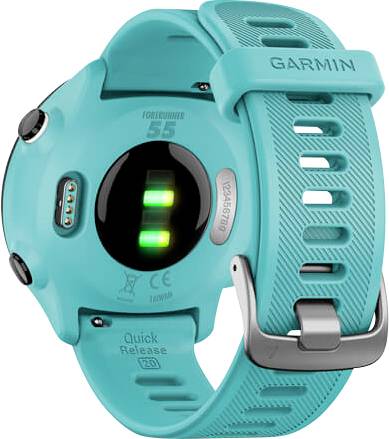 Eine türkisfarbene Smartwatch mit Pulssensor auf der Unterseite, designed für Fitness-Tracking. Armband mit Schnallenverschluss.