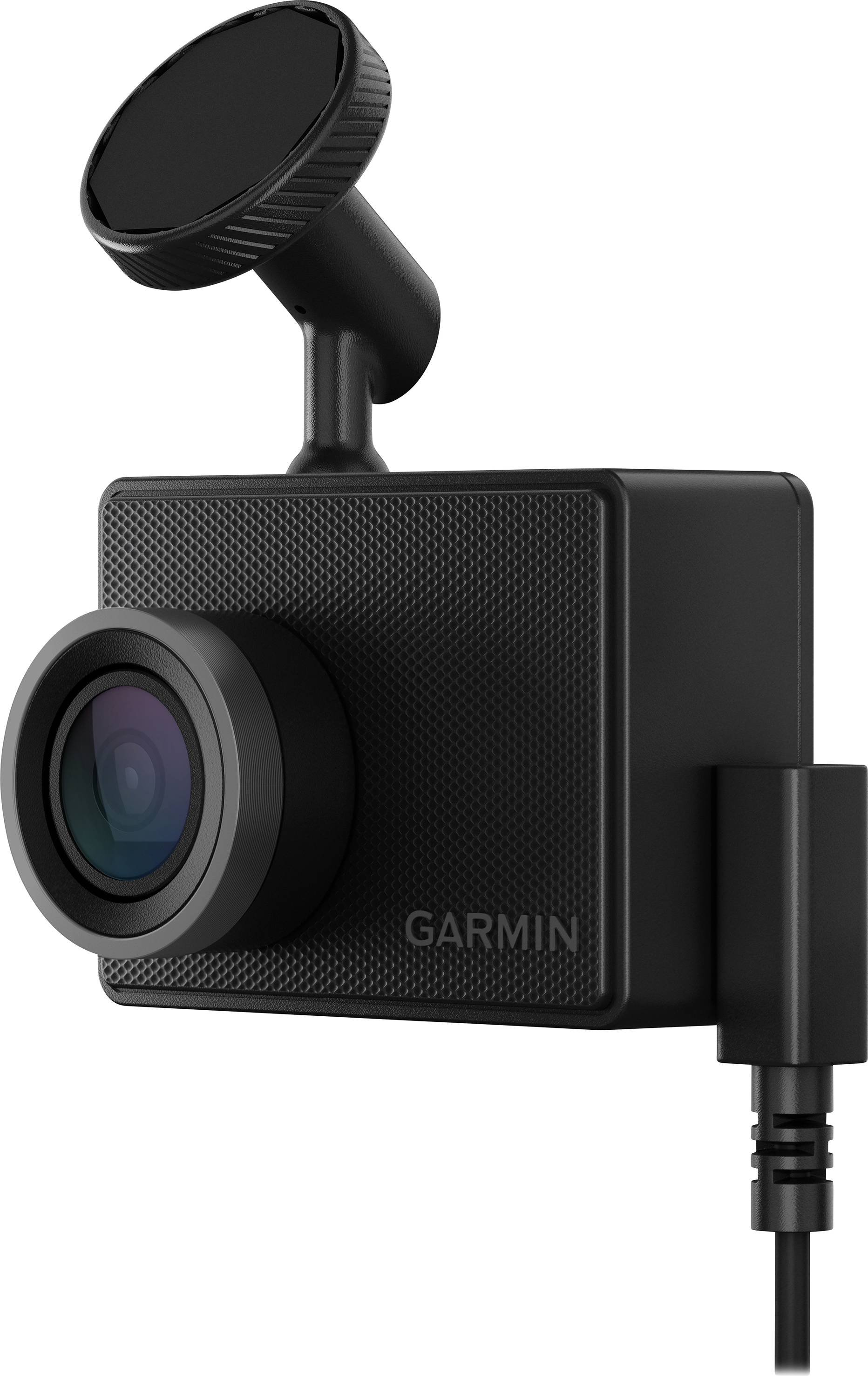 Schwarze Garmin Dashcam mit Weitwinkellinse und Halterung, verbunden durch ein Kabel, zur Aufzeichnung von Autofahrten.