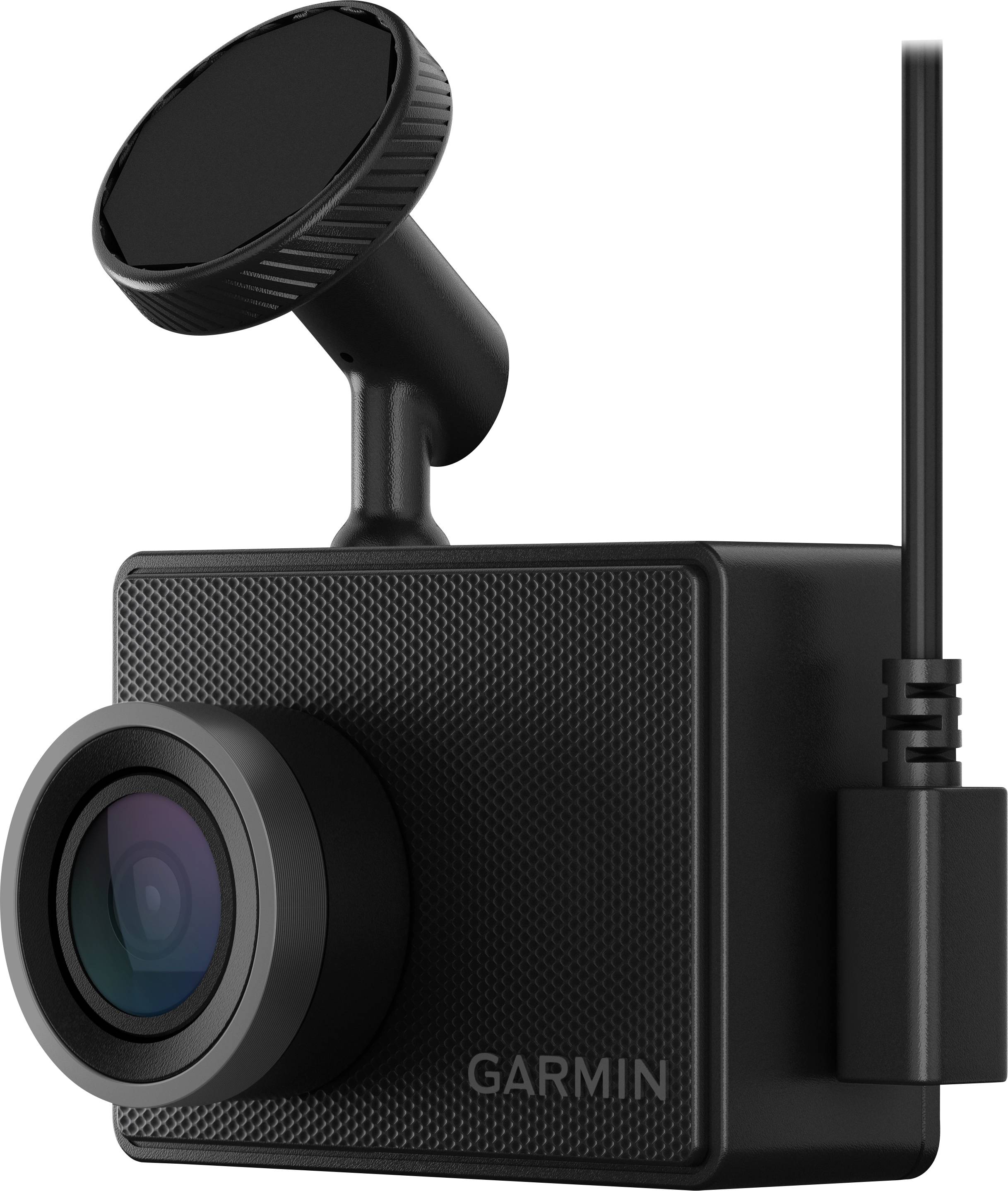 Kompakte schwarze Dashcam mit großem Objektiv und montierbarer Halterung, verbunden durch ein Kabel, Markenname "Garmin" sichtbar.