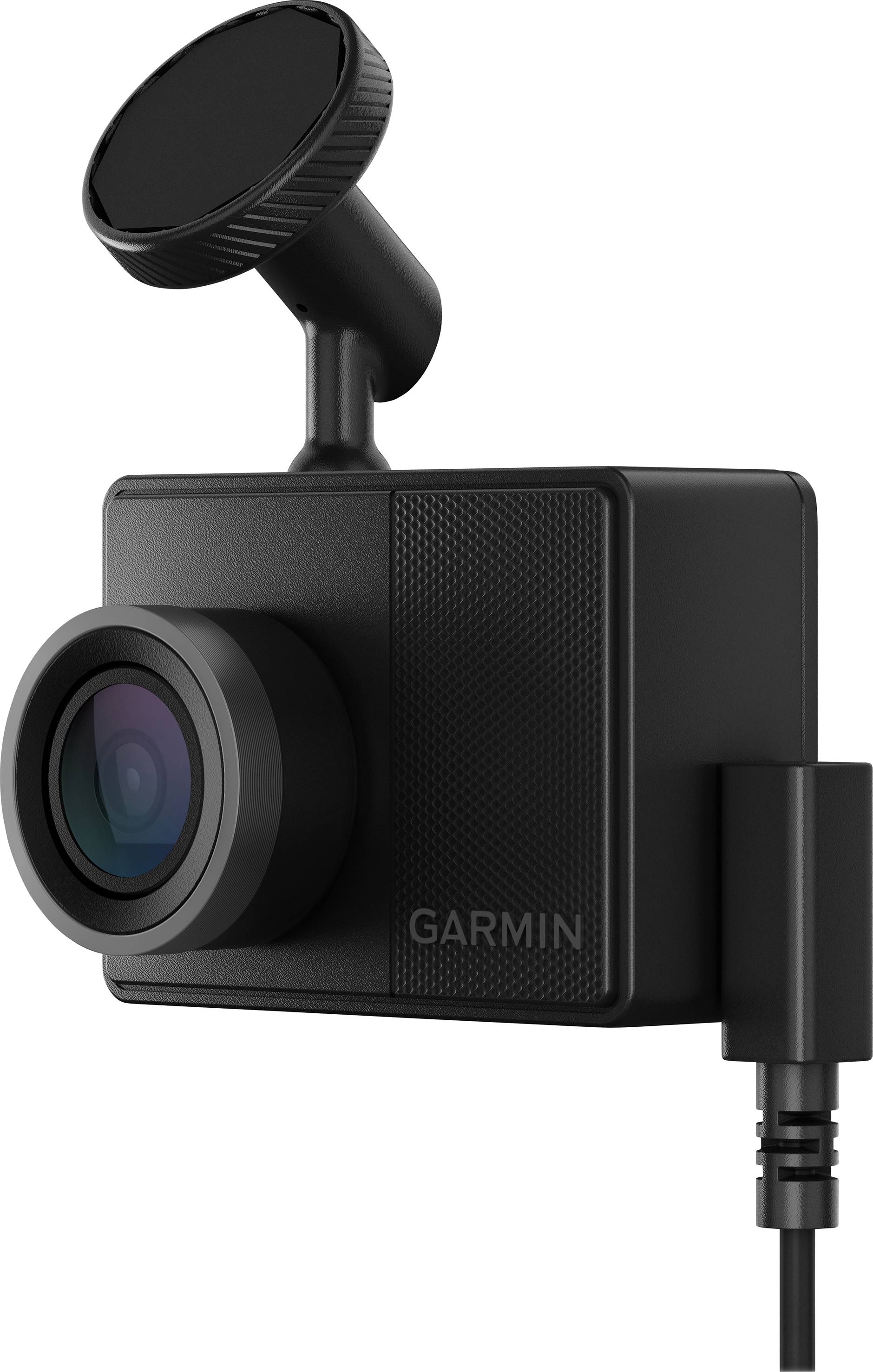 Kompakte, schwarze Autokamera mit Objektiv und Halterung. Beschriftung 'Garmin' auf der Vorderseite.