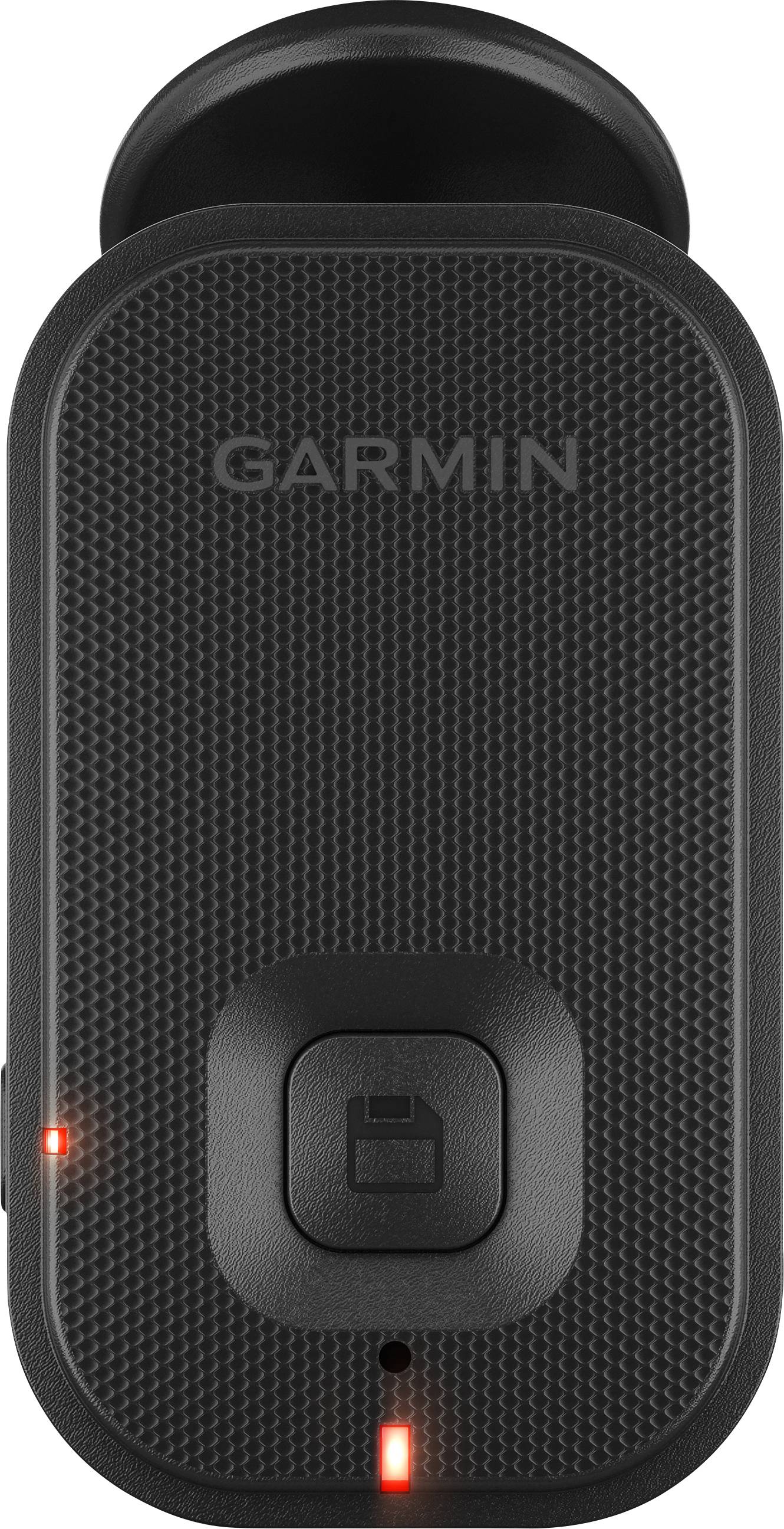 Schwarze Garmin-Fahrradrückleuchte mit rechteckiger Form, strukturiertem Gehäuse, zentralem Knopf und zwei leuchtenden roten LEDs.