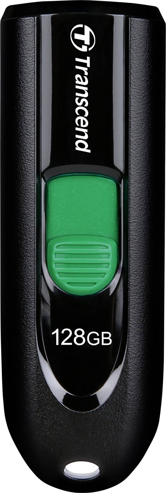 Ein schwarzer USB-Stick der Marke Transcend mit einer Speichergröße von 128GB, einem grünen Schieber zum Ein- und Ausfahren.