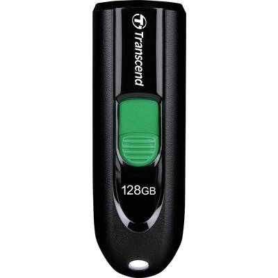 Ein schwarzer USB-Stick der Marke Transcend mit einer Speichergröße von 128GB, einem grünen Schieber zum Ein- und Ausfahren.