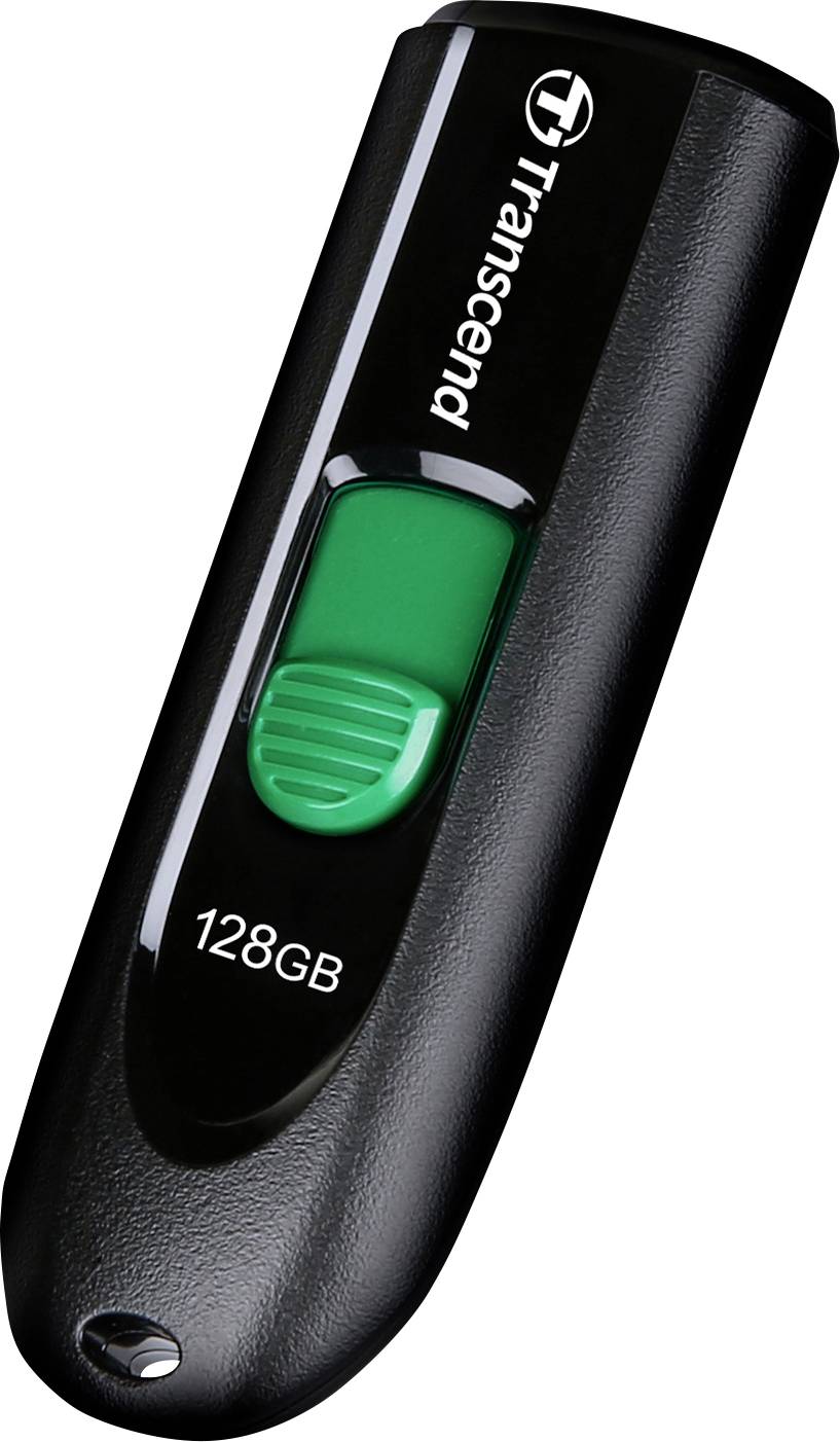 USB-Stick, schwarz mit grünem Schieberegler, Kapazität 128GB, Marke 'Transcend'.