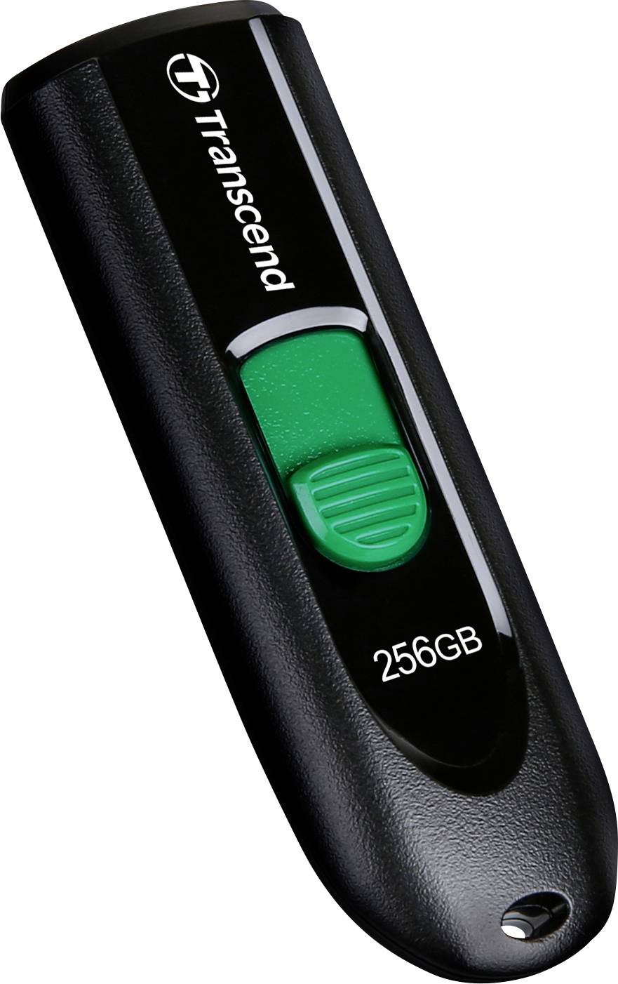 Schwarzer USB-Stick mit 256 GB Speicherkapazität, Marke 'Transcend'. Der Stick hat einen grünen Schiebemechanismus zum Anschließen.