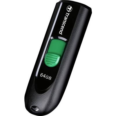 Ein schwarzer USB-Stick der Marke Transcend mit 64 GB Speicher und einem grünen Schieberegler für den USB-Konnektor.