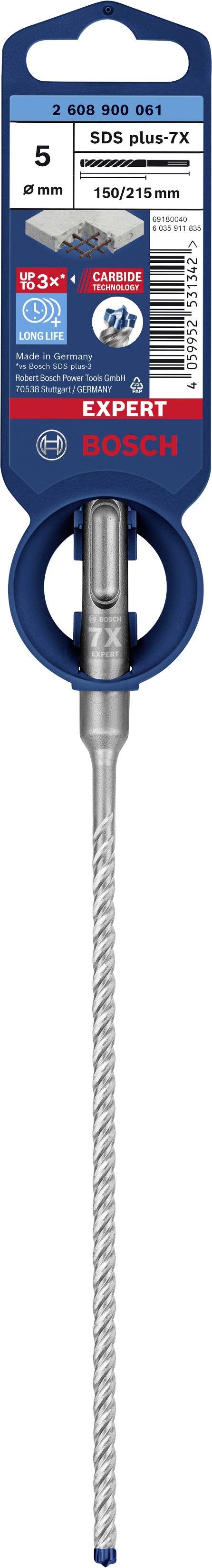 'Bosch Expert SDS plus-7X Bohrer': Lange Metallbohrer-Verpackung mit blauer Schutzhülle, geeignet für 5mm Bohrungen in Beton.