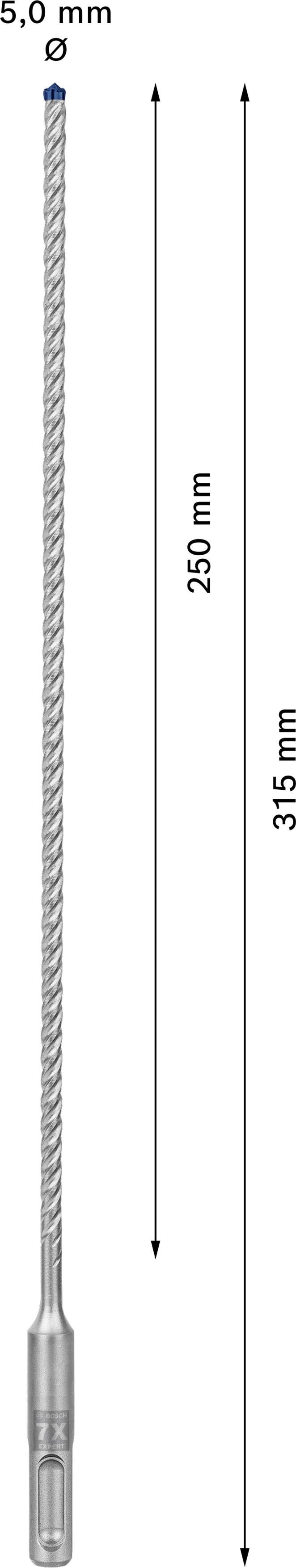 Bohrerschaft: 5,0 mm Durchmesser, 250 mm Arbeitslänge, 315 mm Gesamtlänge.