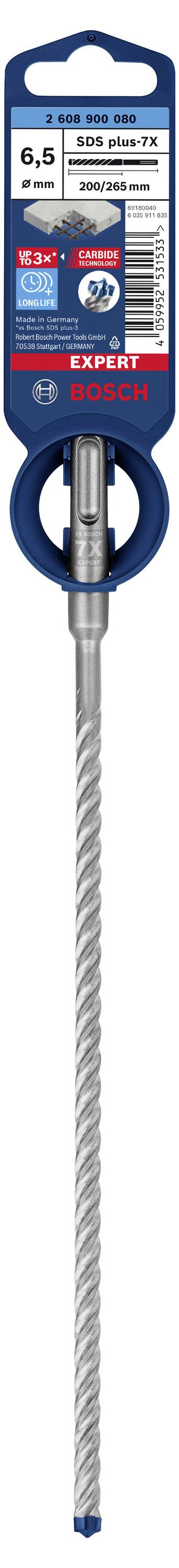 Ein Bohrer von 6,5 mm Durchmesser, abgebildet in der Originalverpackung. Geeignet für Beton, Mauerwerk und Stein. Marke 'Bosch'.