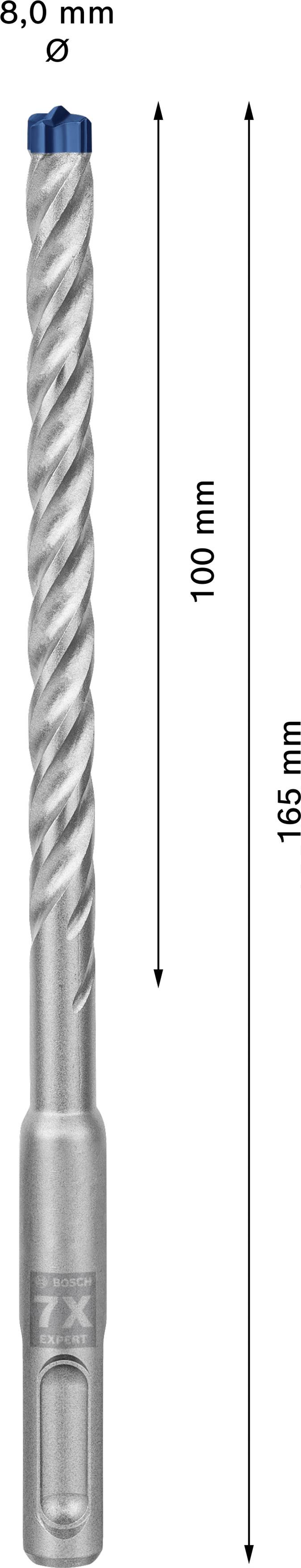 'Bohrer, 8,0 mm Durchmesser, Gesamtlänge 165 mm, nutzbare Länge 100 mm, silberne Farbe mit blauer Spitze.'