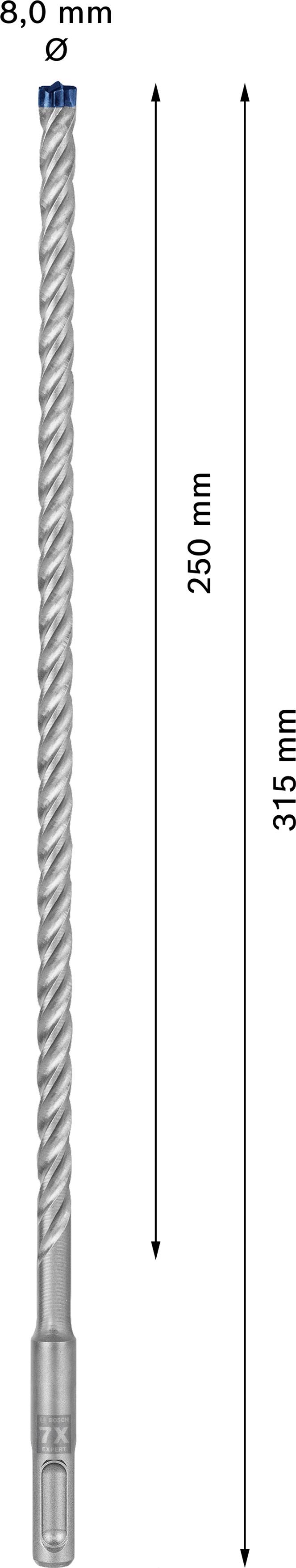 'Bohrer mit Durchmesser 8,0 mm, Gesamtlänge 315 mm, Arbeitslänge 250 mm. Pfeile verdeutlichen Längenmaße.'