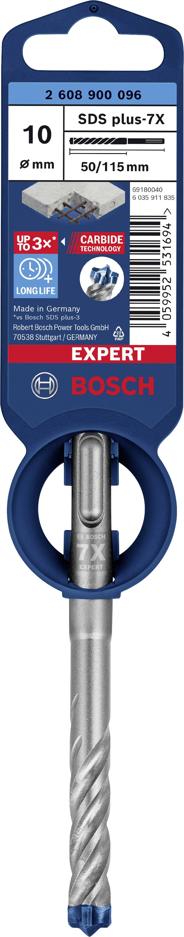 'Bohrer SDS plus-7X von Bosch, 10 mm Durchmesser, Länge 50/115 mm, geeignet für Beton. Verpackung zeigt Produktbild und Kennzeichnungen.'