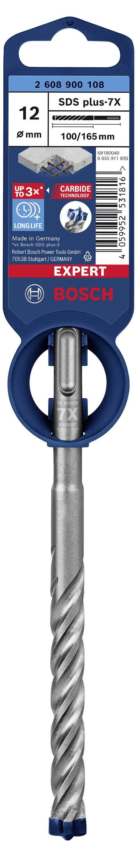 'Bosch SDS plus-7X Bohrer', Größe 12x100/165 mm, mit etlichen Logos und Spezifikationen. Expert-Reihe für vielseitige Anwendungsbereiche.
