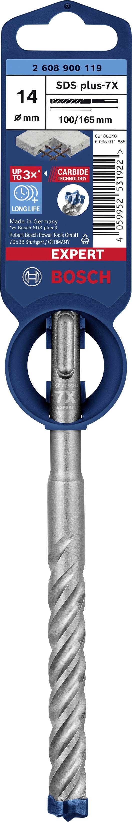 'BOSCH EXPERT' Bohrer, 14 mm, 100/165 mm, SDS plus-7X. Verpackung zeigt Markenlogo und technische Details zum Bohrer.