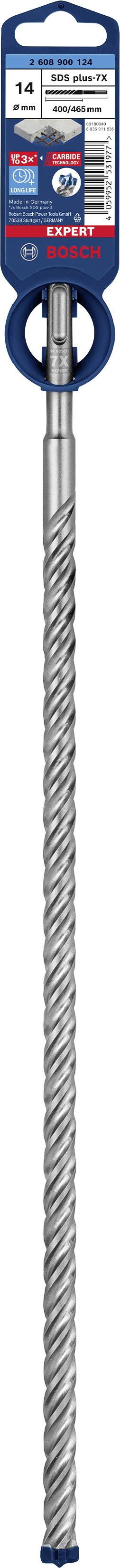 Bohrer mit SDS-Plus-Aufnahme, geeignet für verschiedene Materialien. Verpackungslabel zeigt Größe 12 x 200 mm und relevante Spezifikationen.