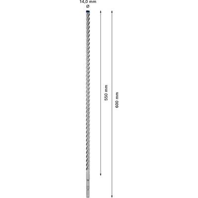 Langer, spiralförmiger Bohrer mit einem Durchmesser von 14,0 mm und einer Länge von 600 mm, davon 550 mm nutzbar.