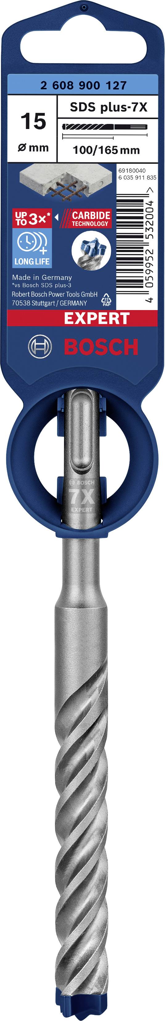Bohraufsatz von Bosch, 15 mm Durchmesser, geeignet für SDS plus-System. Verpackung zeigt Produktinformationen und Markenlogo.