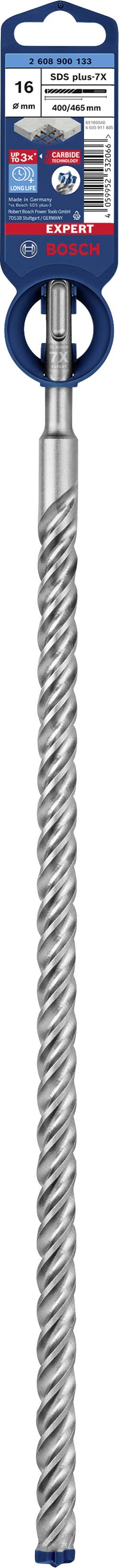 Bohrer mit spiralartigem Schaft; Verpackungsbeschriftung zeigt Marke, Größe und Materialinformationen.