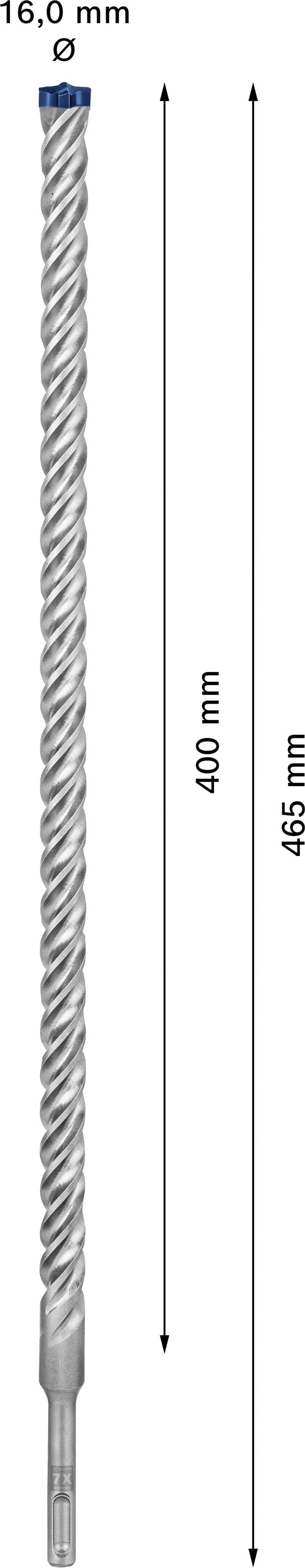 'Bohrer mit 16,0 mm Durchmesser und 400 mm Arbeitslänge. Gesamtlänge beträgt 465 mm. Geeignet für präzises Bohren in Beton.'