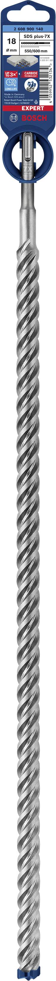 Ein langer, spiralförmiger Bohrer mit blauem und rotem Etikett oben, das Informationen zum Produkt anzeigt.