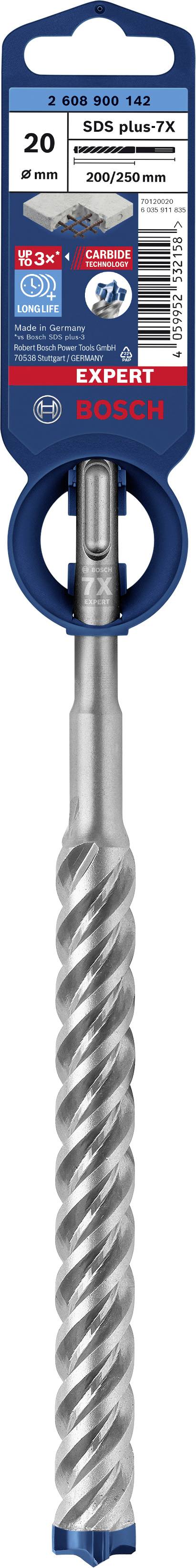 Bohrer mit SDS plus Aufnahme, geeignet für Beton und Mauerwerk. Verpackung zeigt Größe: 20 mm Durchmesser, 250 mm Länge.