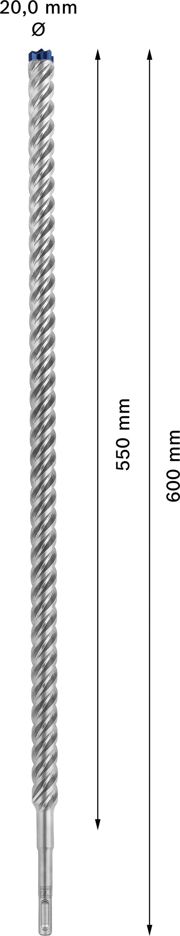 Langer Bohrer mit einer Breite von 20 mm und einer Gesamtlänge von 600 mm. Der Bohrbereich ist 550 mm lang.