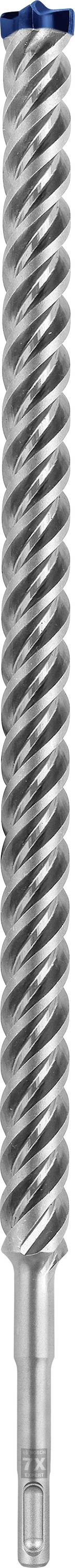 Ein Metallgewindebohrer mit gerilltem Muster, das sich spiralförmig um das Werkzeug windet. Oberhalb ist ein kleiner blauer Streifen sichtbar.