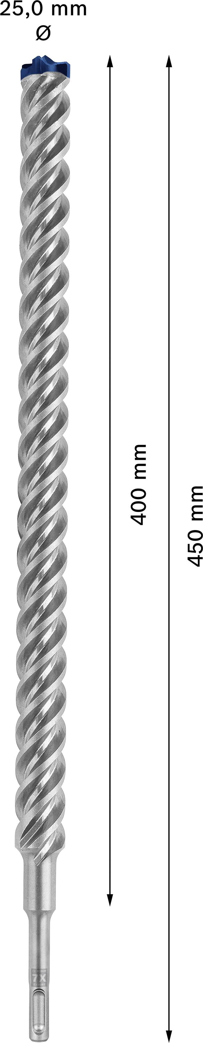 Abgebildet ist ein Bohrer mit einem Durchmesser von 25,0 mm und einer Länge von 450 mm, davon 400 mm Schneidefläche.