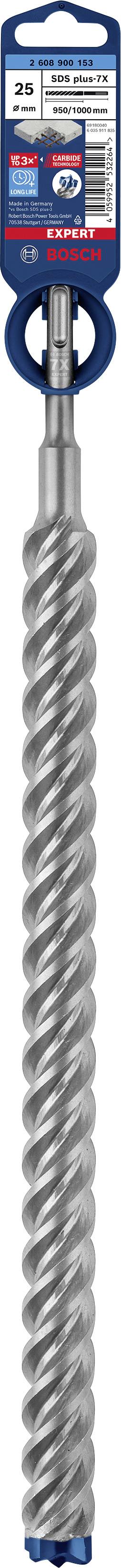 Ein Bohrer mit blauem Etikett oben, auf dem verschiedene Informationen stehen. Der Schaft ist spiralförmig gestaltet.