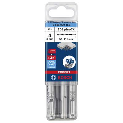 Packung mit 10 Bosch SDS plus-7X Bohrern, Durchmesser 4 mm, Länge 50/115 mm, geeignet für Beton, bessere Haltbarkeit durch Hartmetall.