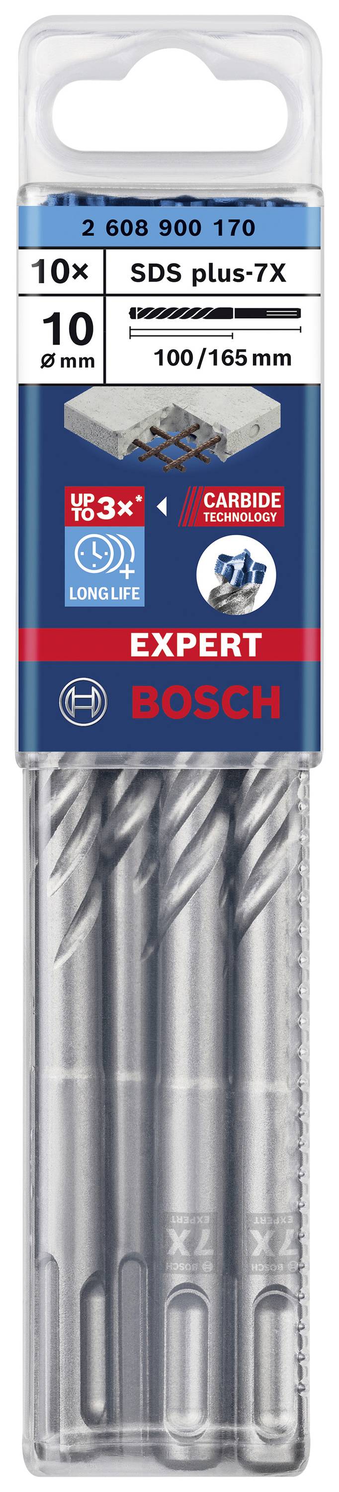 'SDS plus-7X' Bosch Bohrer-Set, 10mm, 10 Stück, geeignet für Beton und Mauerwerk, mit langlebiger Hartmetallspitze.